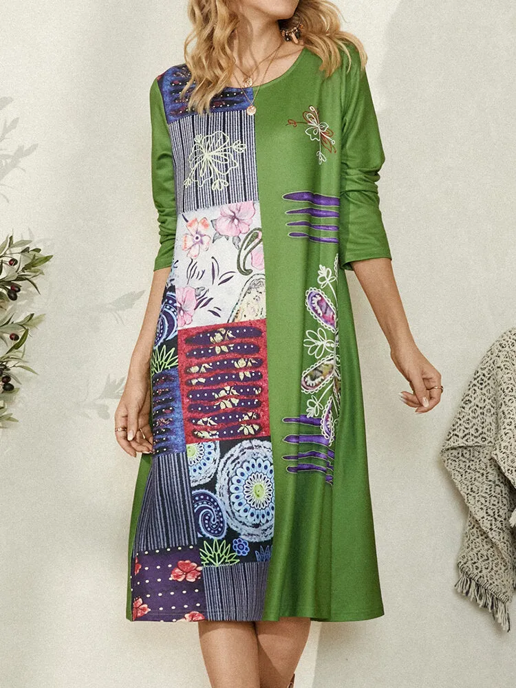 Ethnic Floral Print O-neck Long Sleeve Vintage Women Midi Dress