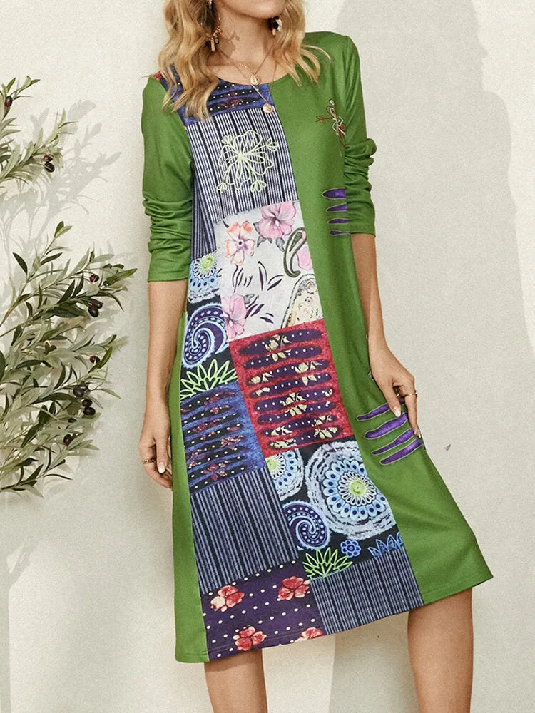 Ethnic Floral Print O-neck Long Sleeve Vintage Women Midi Dress