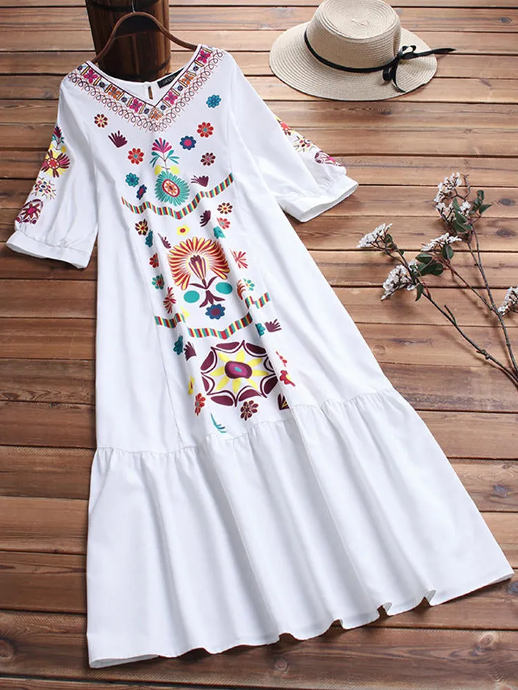 Ethnic V-neck Long Sleeve Floral Print Holiday Bohemian Pleated Women Midi Dress