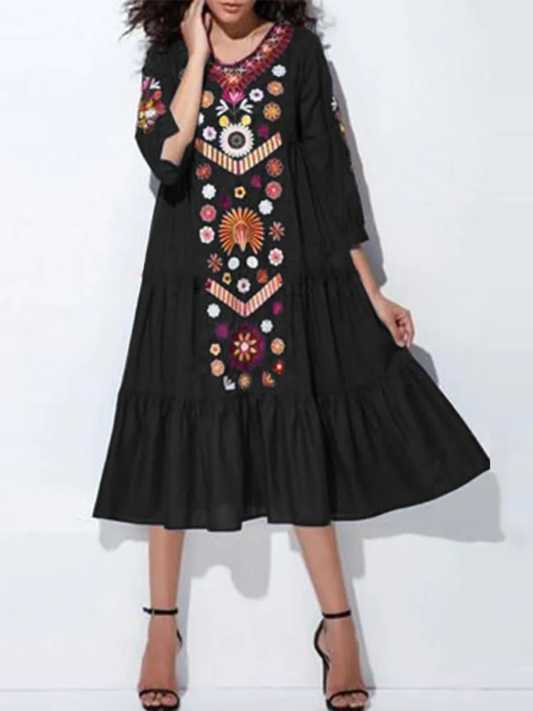 Ethnic V-neck Long Sleeve Floral Print Holiday Bohemian Pleated Women Midi Dress