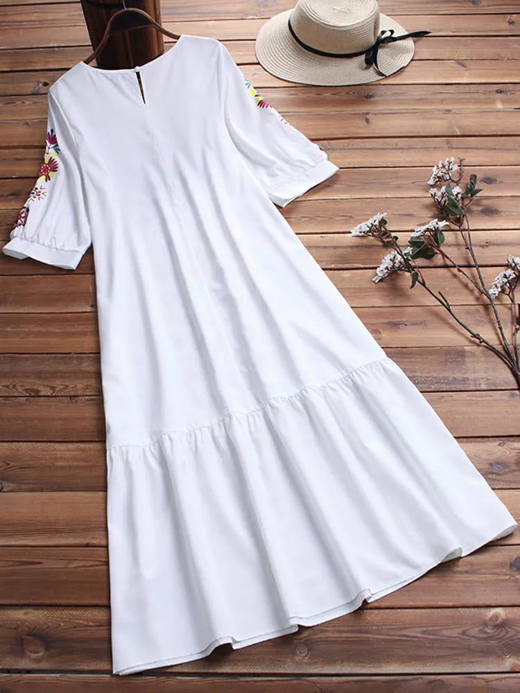 Ethnic V-neck Long Sleeve Floral Print Holiday Bohemian Pleated Women Midi Dress