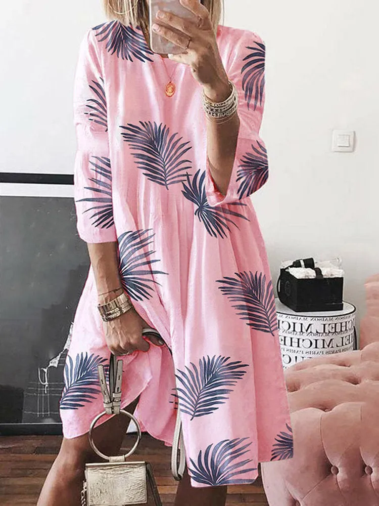 Floral Plant Print Long Sleeve Beach Holiday Loose Women Midi Dress