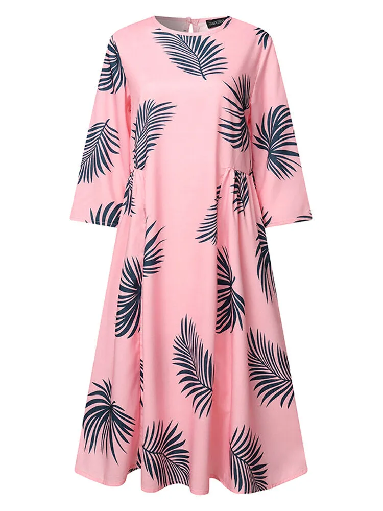 Floral Plant Print Long Sleeve Beach Holiday Loose Women Midi Dress