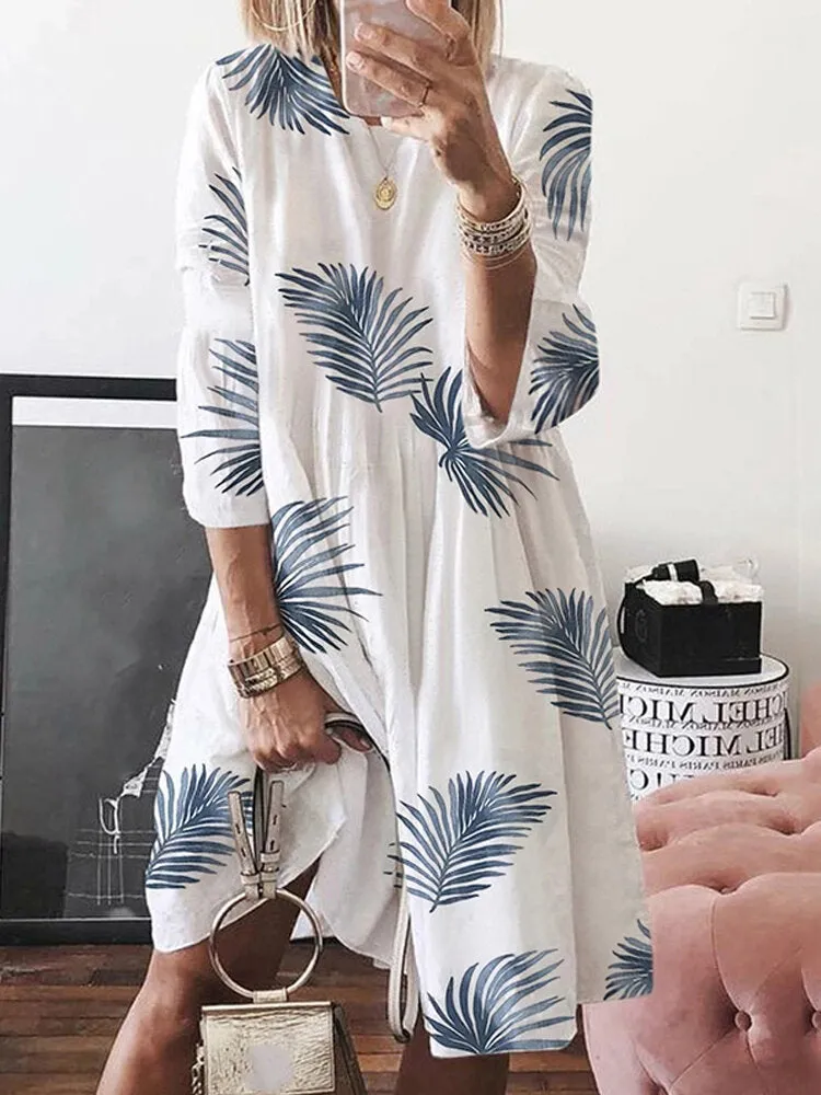 Floral Plant Print Long Sleeve Beach Holiday Loose Women Midi Dress