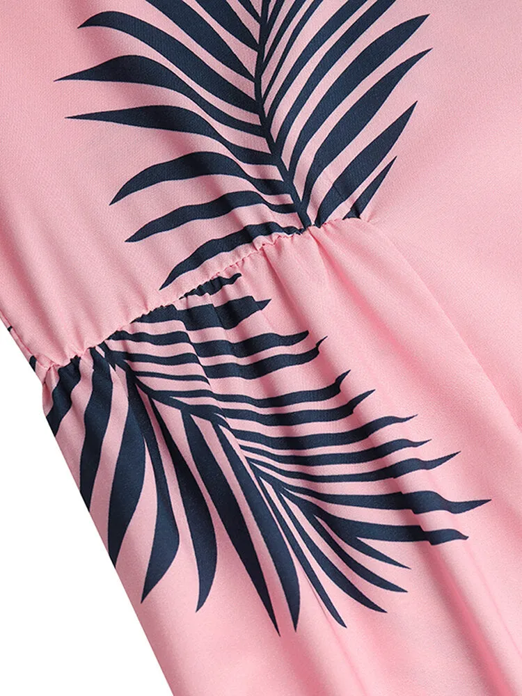 Floral Plant Print Long Sleeve Beach Holiday Loose Women Midi Dress