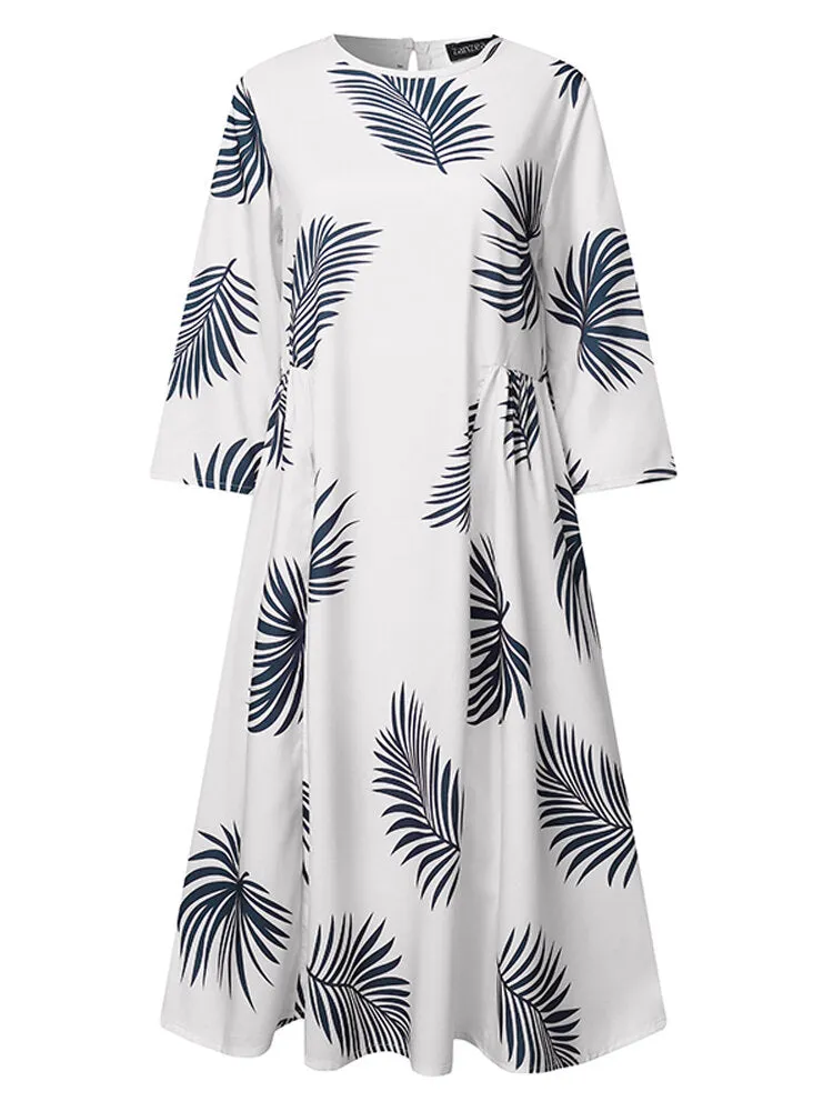 Floral Plant Print Long Sleeve Beach Holiday Loose Women Midi Dress