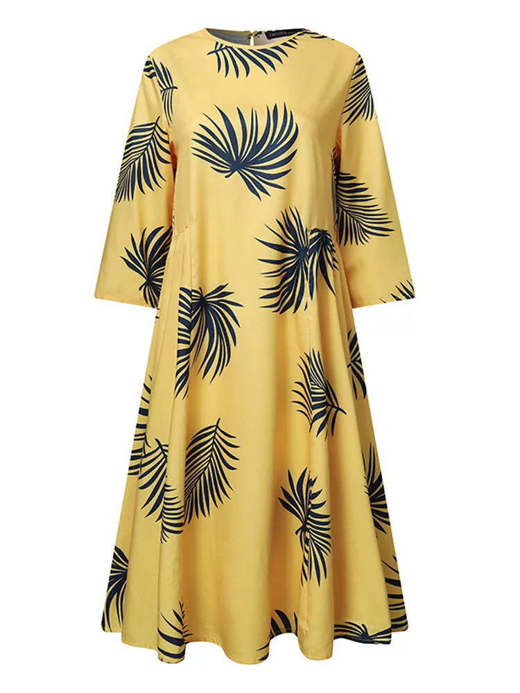 Floral Plant Print Long Sleeve Beach Holiday Loose Women Midi Dress