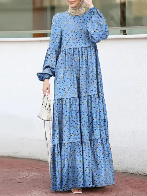 Floral Print Tiered Round Neck Button Back Casual Puff Sleeve Women Maxi Dress