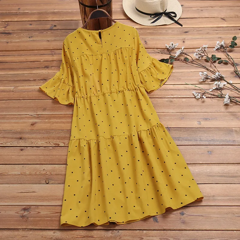 Half Sleeve Polka Dot Print Drawstring Waist Vintage Dress