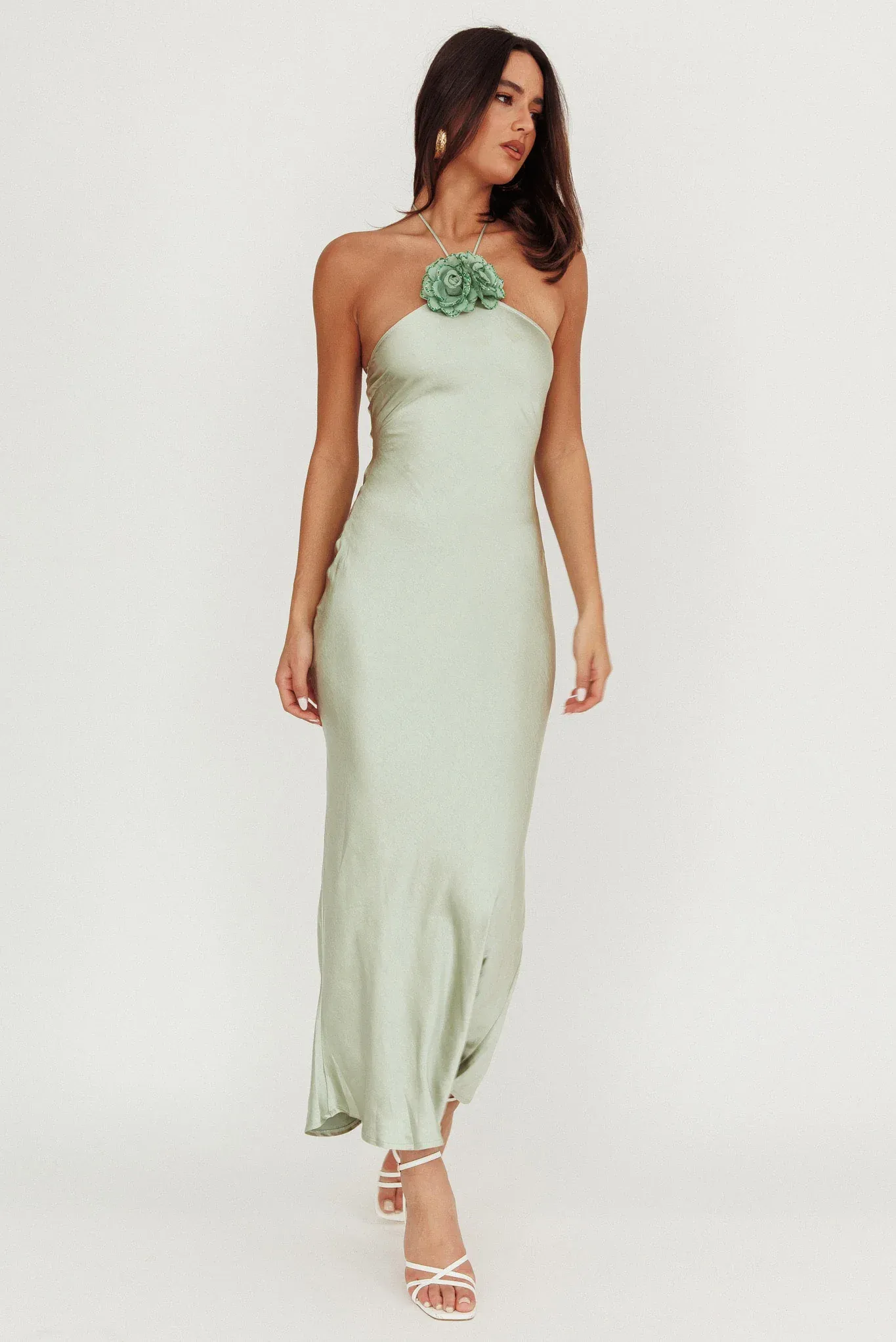 High Roller Flower Decoration Halter Dress Sage