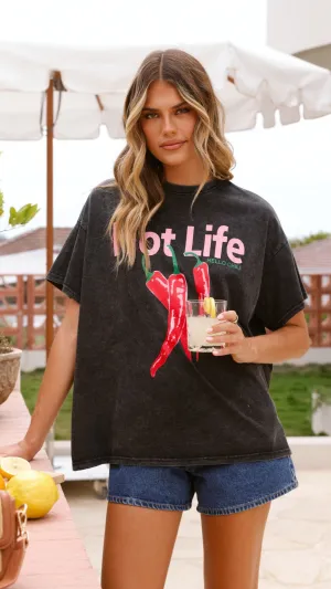 Hot Life Tee - Black Acid Wash