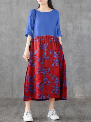 Japan Flower Style Print Patchwork Loose Casual Pocket Women Maxi Dress