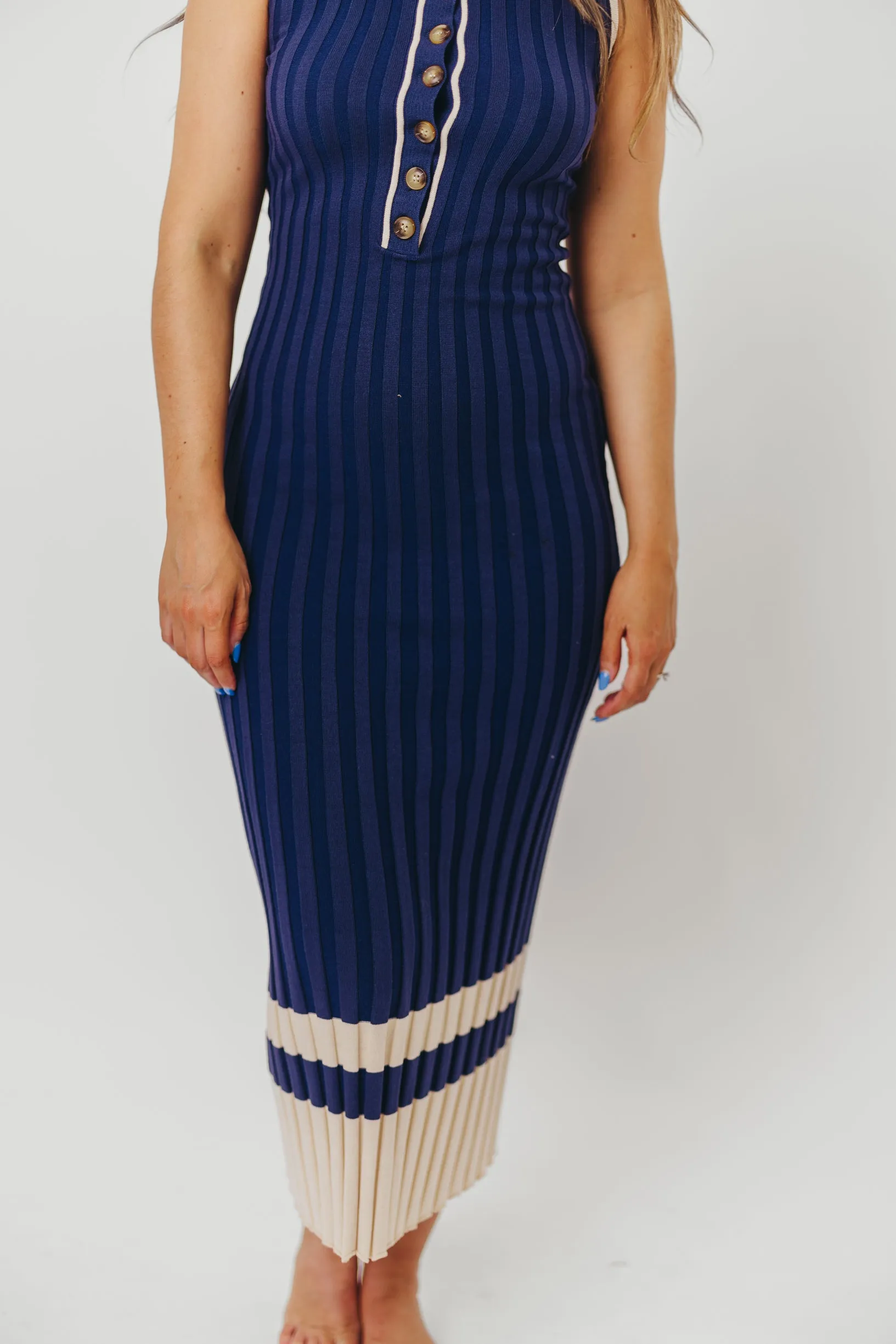 Jovie Sleeveless Ribbed Maxi Dress with Buttons in Navy