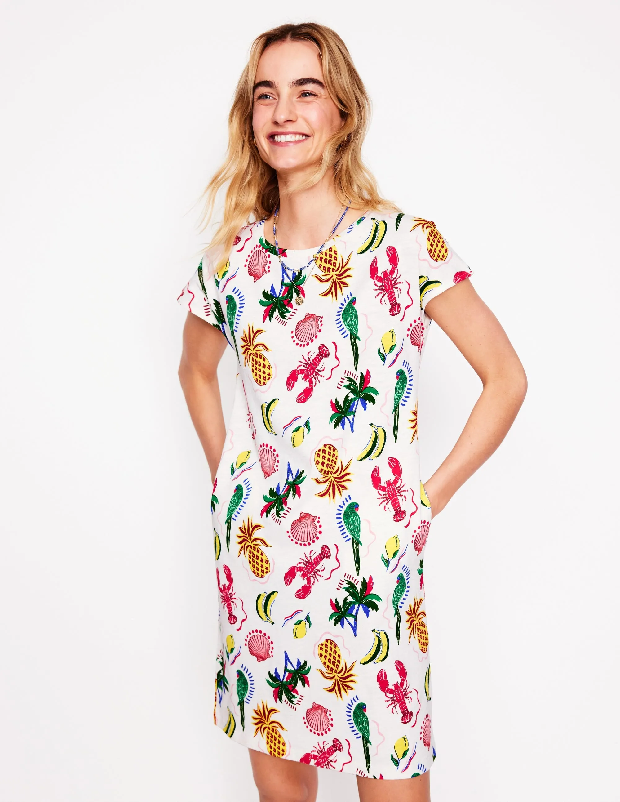 Leah Jersey T-shirt Dress-White. Tropical Bonanza
