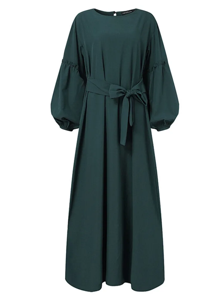 Long Sleeve Pure Color Belted O-neck Button Women Maxi Dress