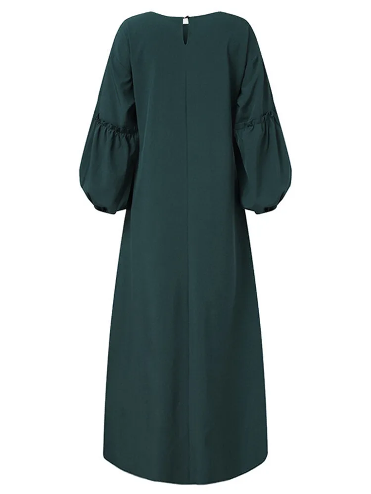 Long Sleeve Pure Color Belted O-neck Button Women Maxi Dress