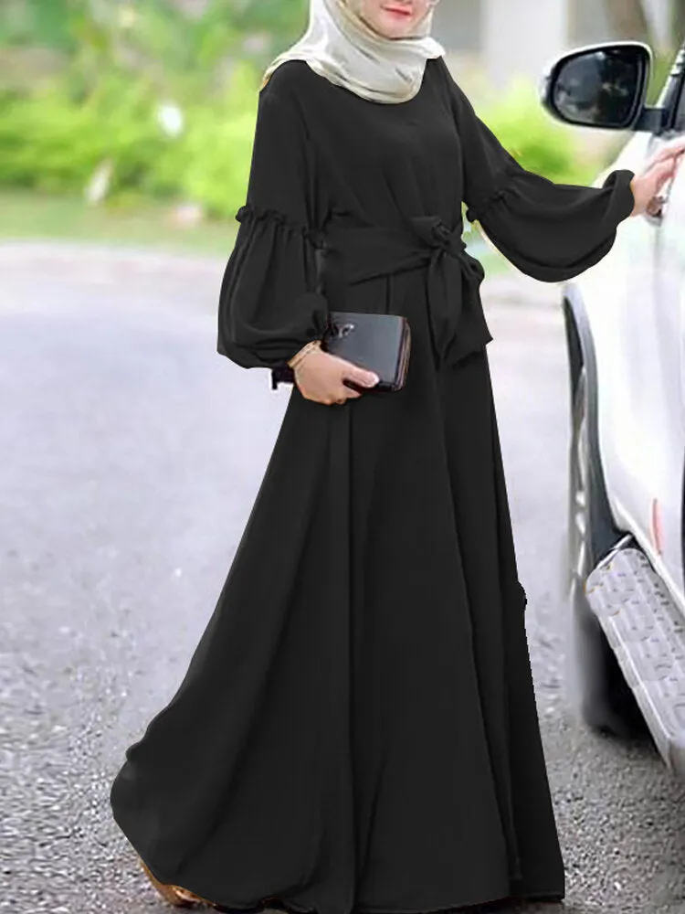 Long Sleeve Pure Color Belted O-neck Button Women Maxi Dress