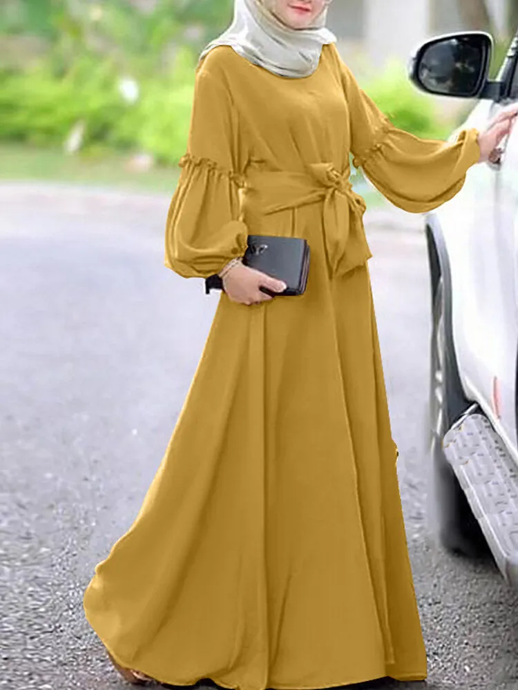 Long Sleeve Pure Color Belted O-neck Button Women Maxi Dress