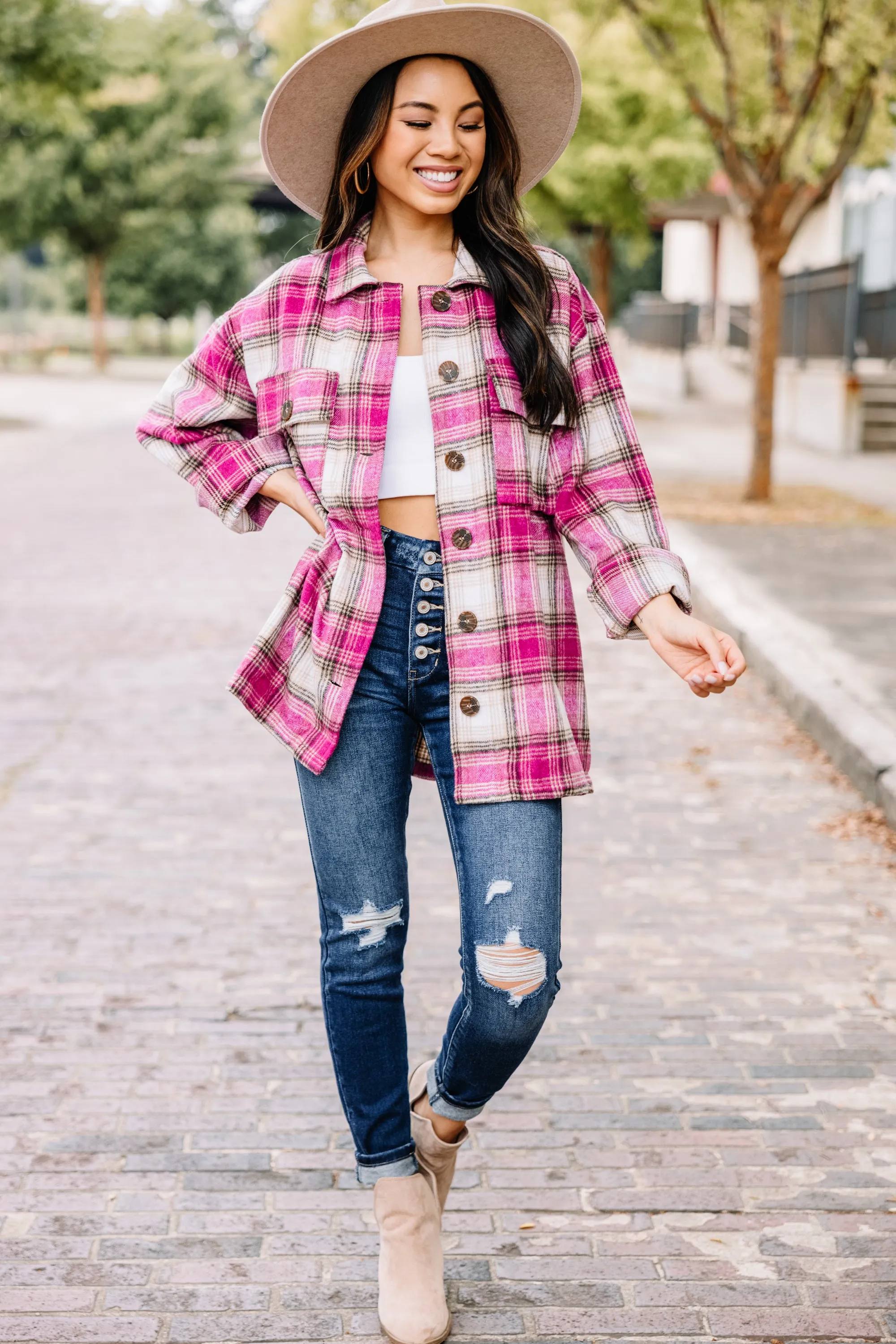 Looking Out For You Magenta Pink Plaid Shacket