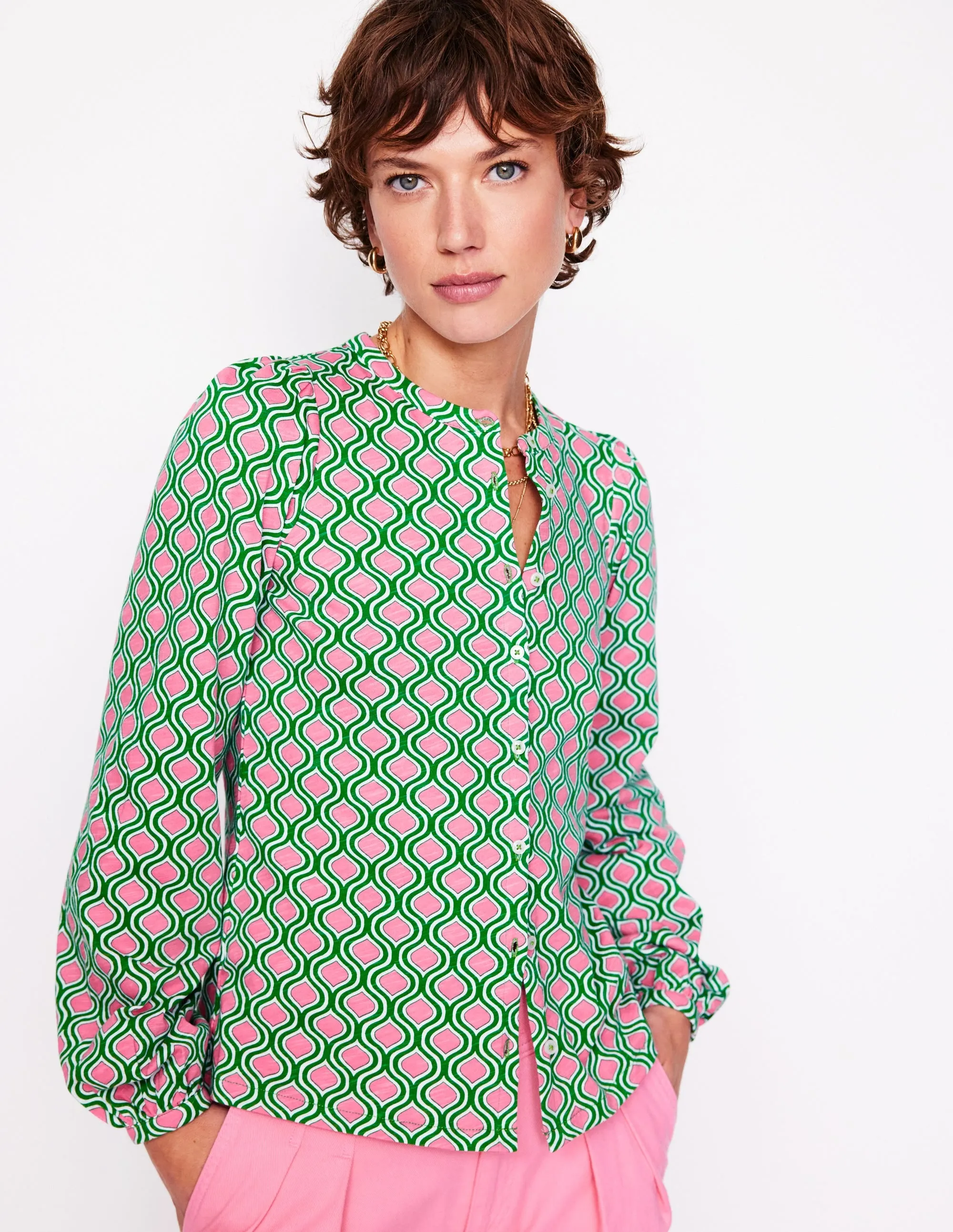 Marina Jersey Shirt-Rich Emerald. Geo Trellis