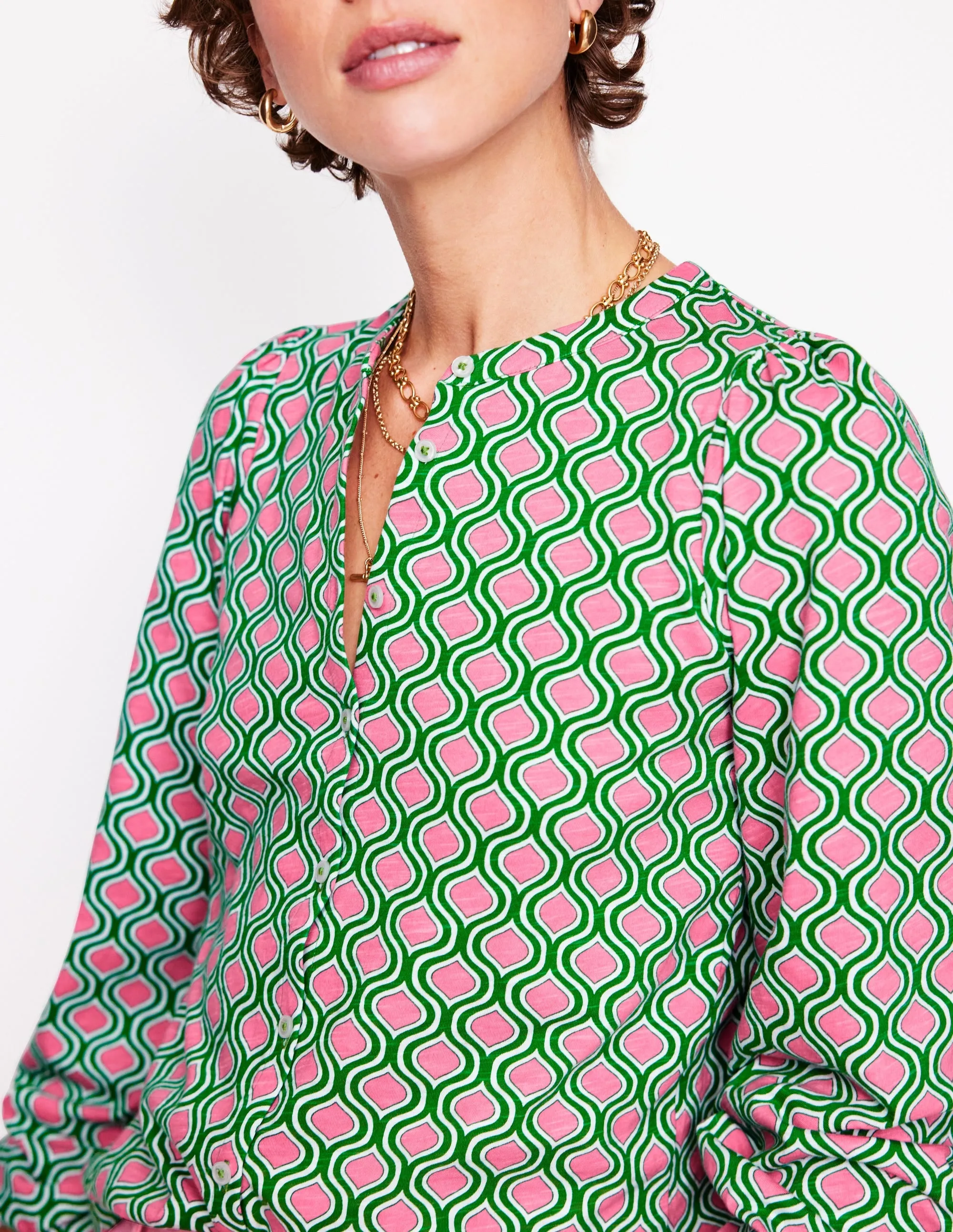 Marina Jersey Shirt-Rich Emerald. Geo Trellis