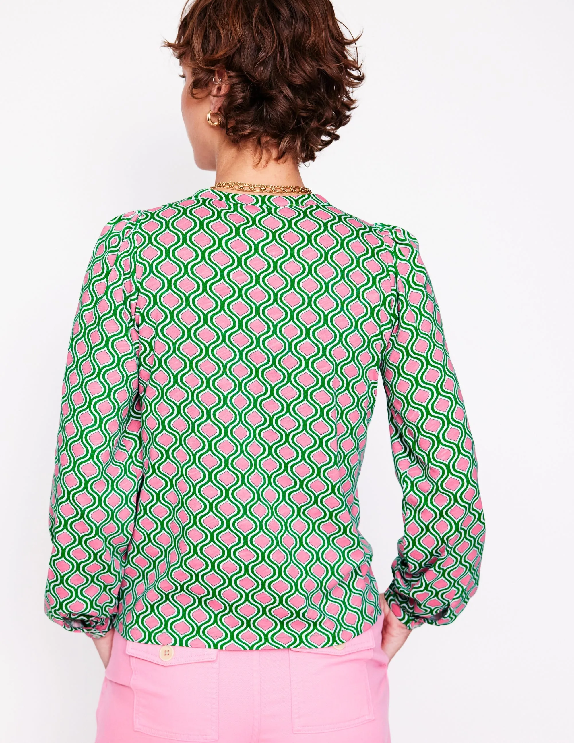 Marina Jersey Shirt-Rich Emerald. Geo Trellis