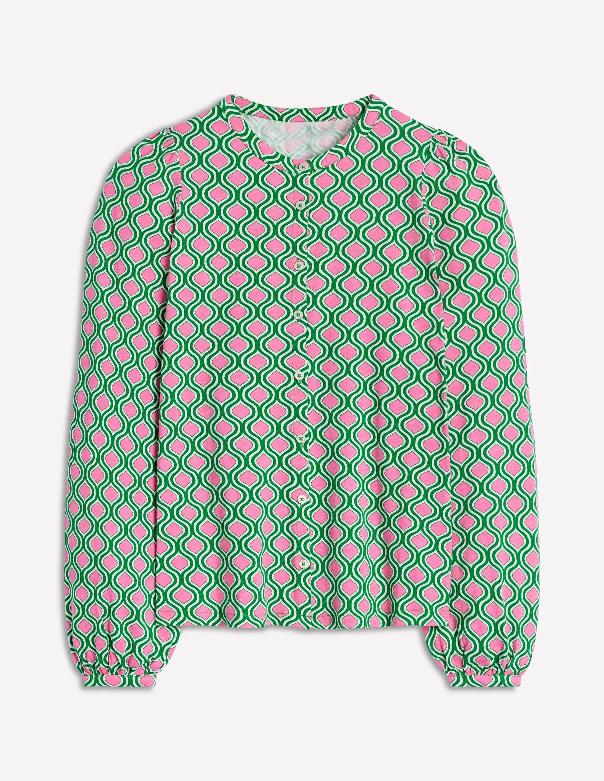 Marina Jersey Shirt-Rich Emerald. Geo Trellis