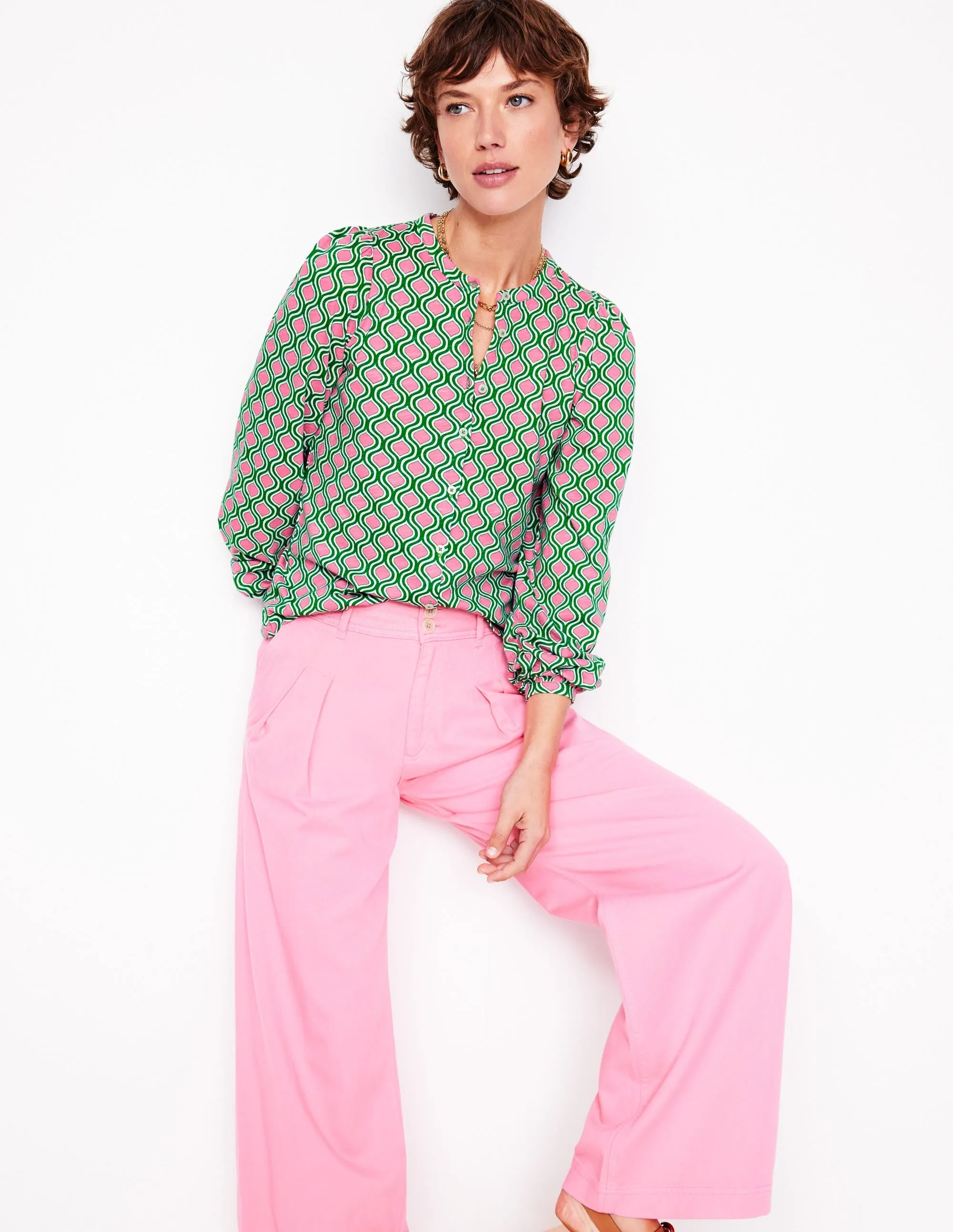 Marina Jersey Shirt-Rich Emerald. Geo Trellis