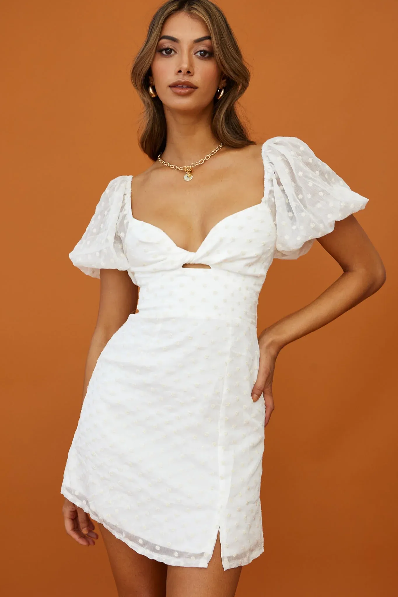 Molli Sheer Puff Sleeve Twist Feature Dress White