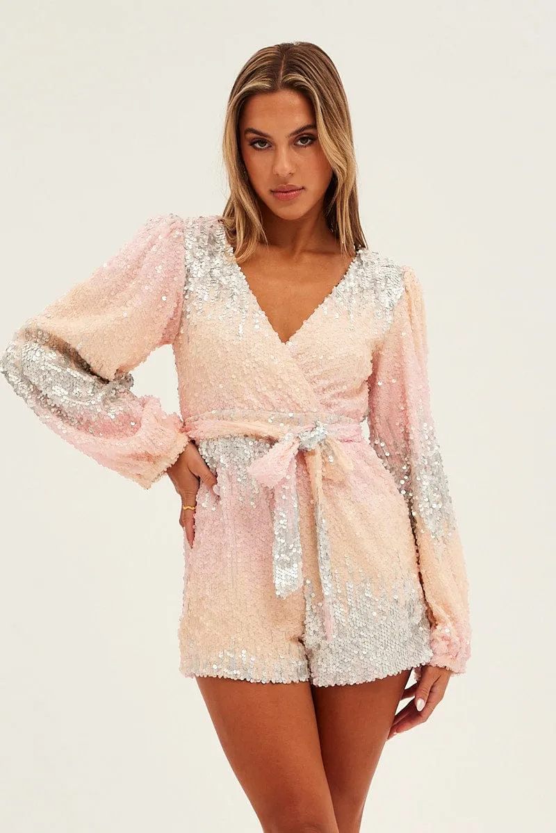 Multi Colour Sequin Playsuit Long Sleeve V Neck
