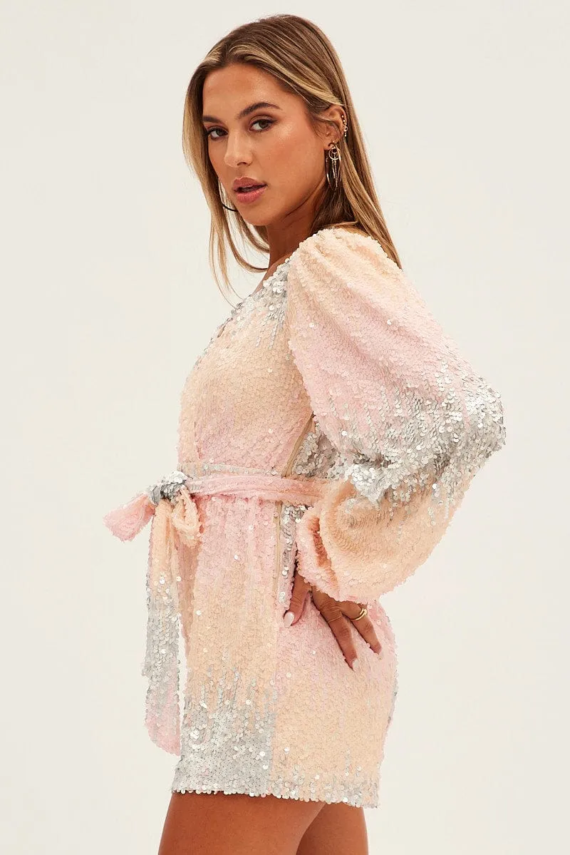 Multi Colour Sequin Playsuit Long Sleeve V Neck