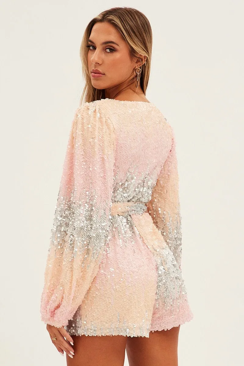 Multi Colour Sequin Playsuit Long Sleeve V Neck