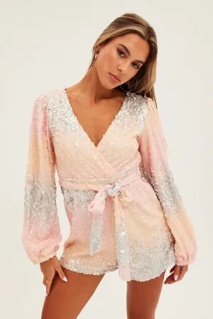 Multi Colour Sequin Playsuit Long Sleeve V Neck