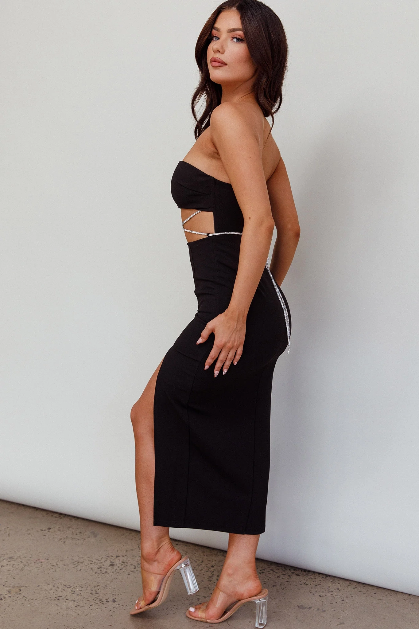 Nohemi Strapless Diamante Midi Dress Black