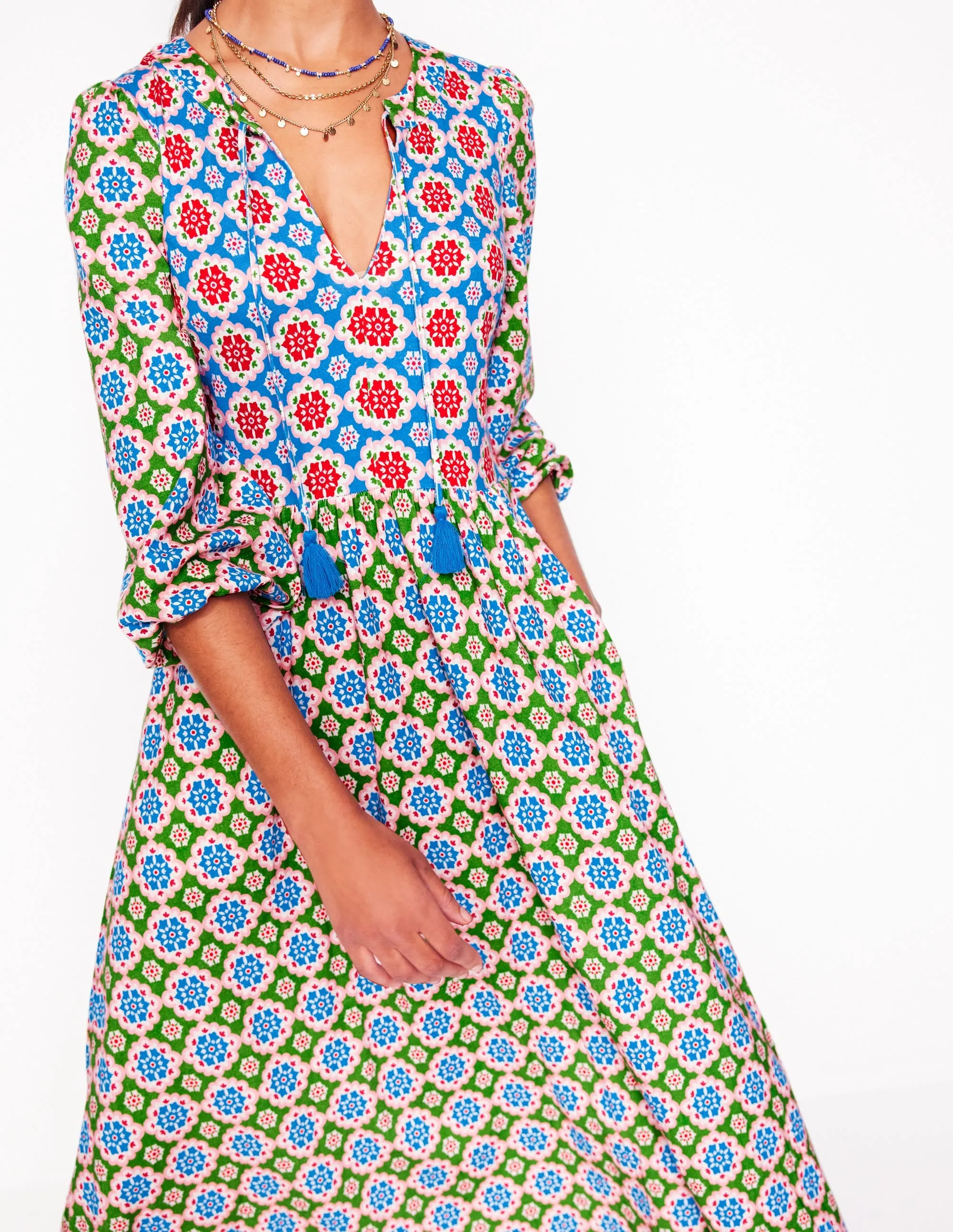 Notch Neck Midi Dress-Multi. Bloom Geo