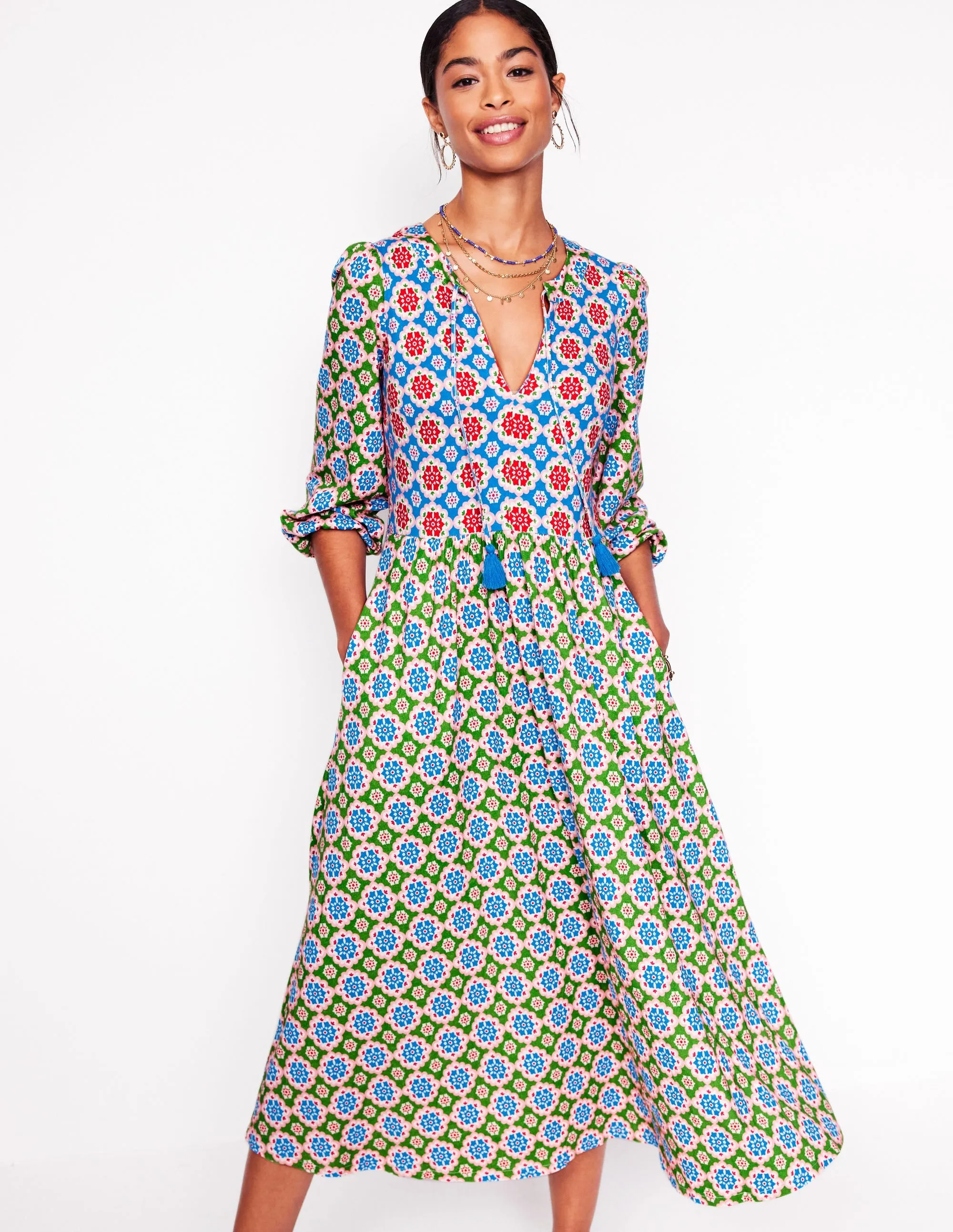 Notch Neck Midi Dress-Multi. Bloom Geo