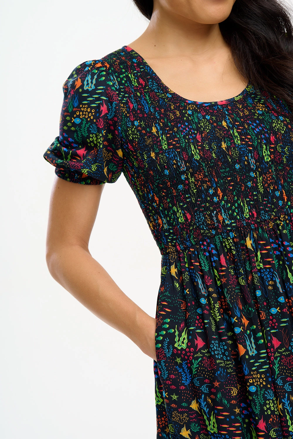 Patrice Shirred Midi Dress - Black. Underwater Ditsy