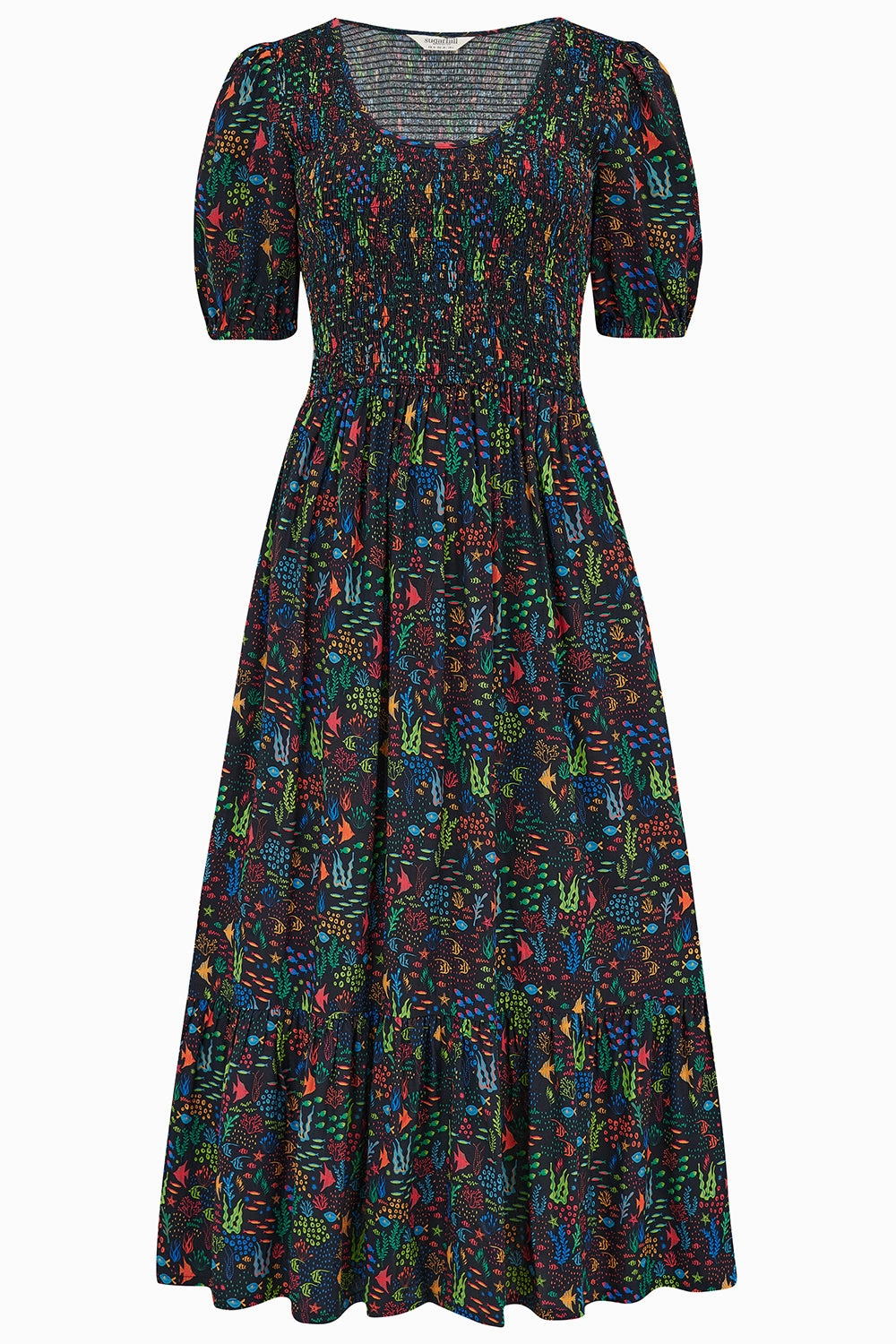 Patrice Shirred Midi Dress - Black. Underwater Ditsy