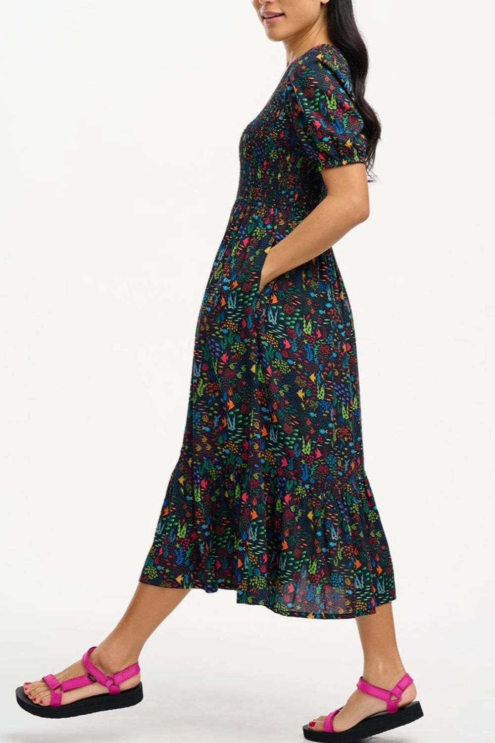 Patrice Shirred Midi Dress - Black. Underwater Ditsy
