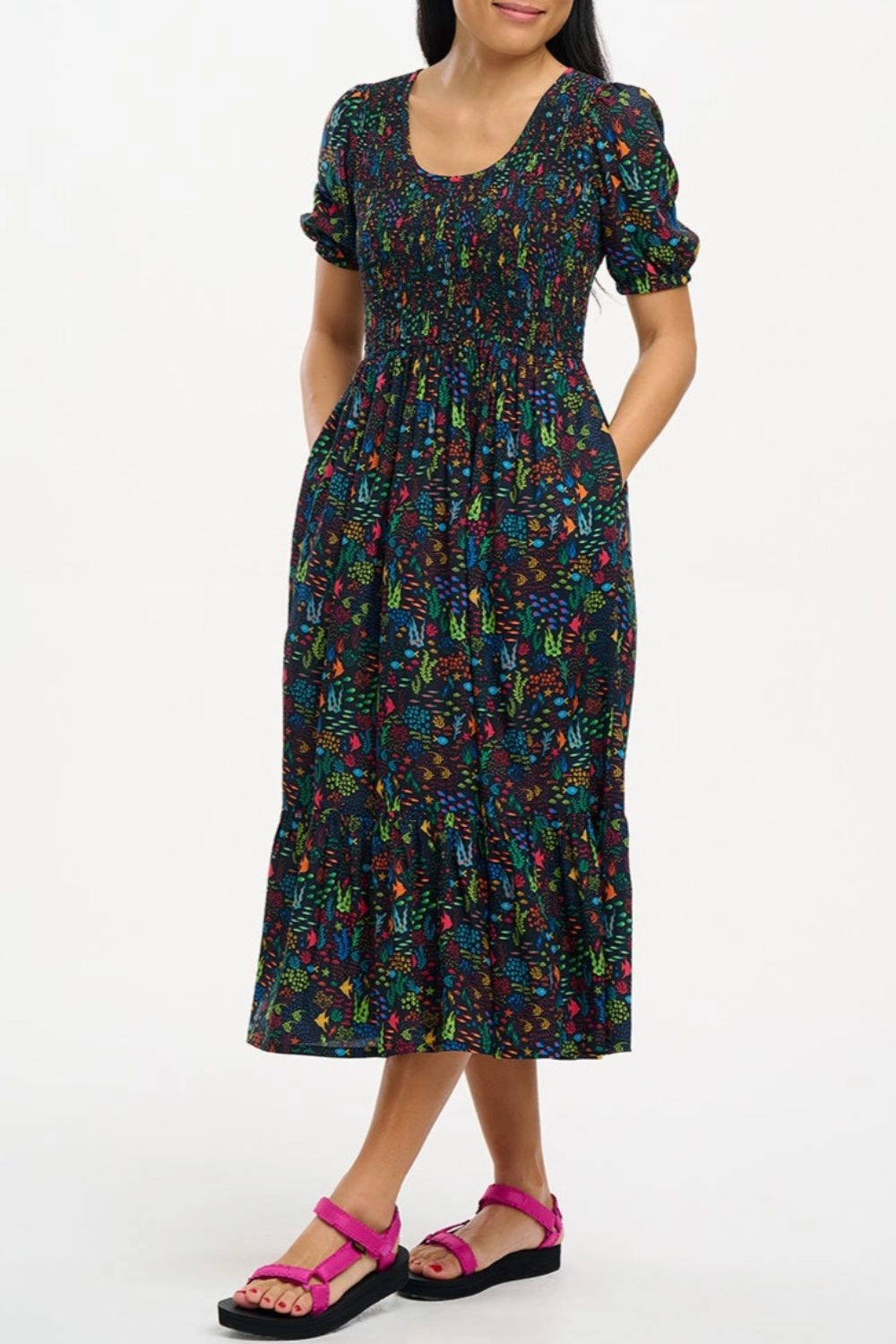 Patrice Shirred Midi Dress - Black. Underwater Ditsy