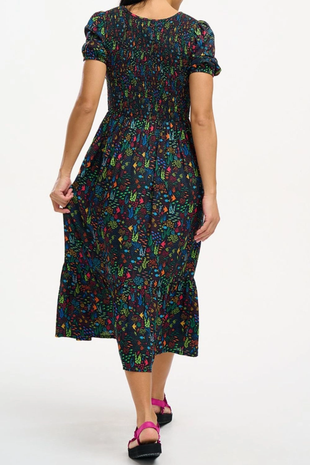 Patrice Shirred Midi Dress - Black. Underwater Ditsy