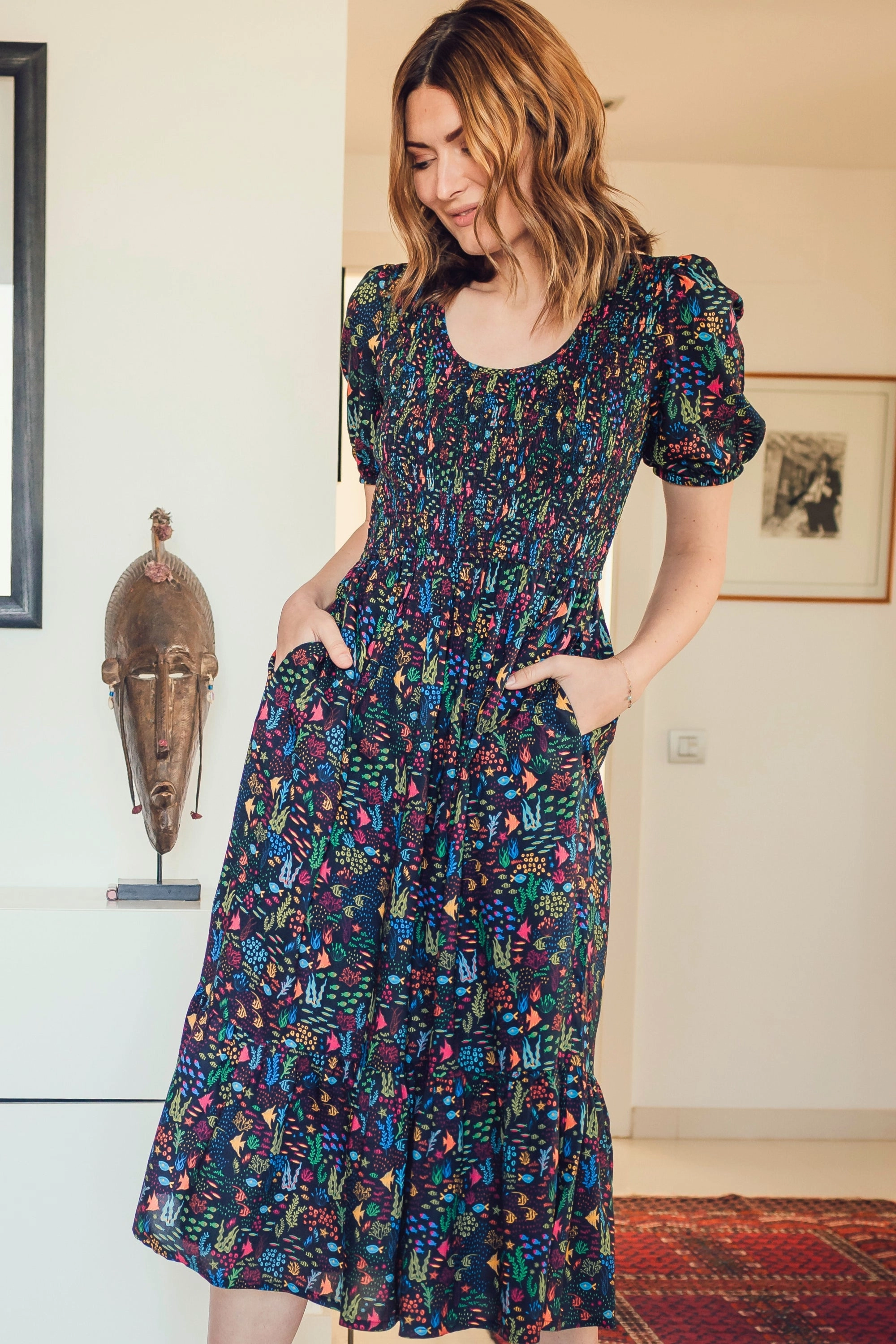 Patrice Shirred Midi Dress - Black. Underwater Ditsy