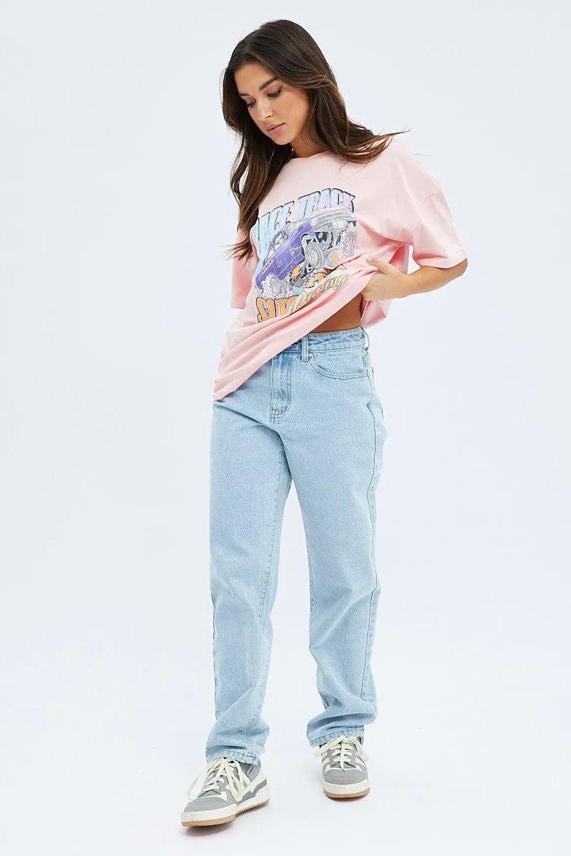 Pink Graphic Tee Short Sleeve Round Neck Print Jersey