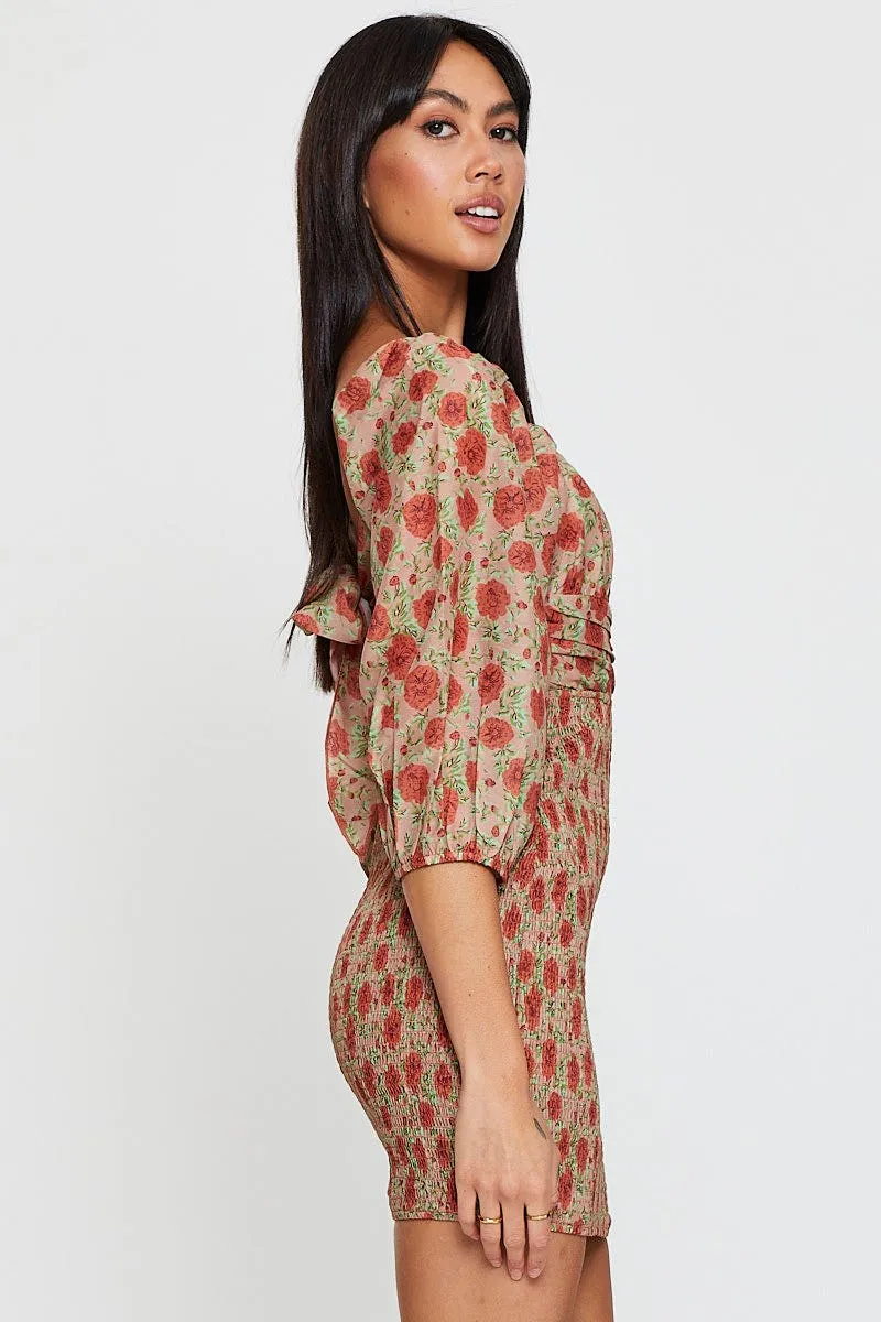 Print Mini Dress Long Sleeve Bodycon