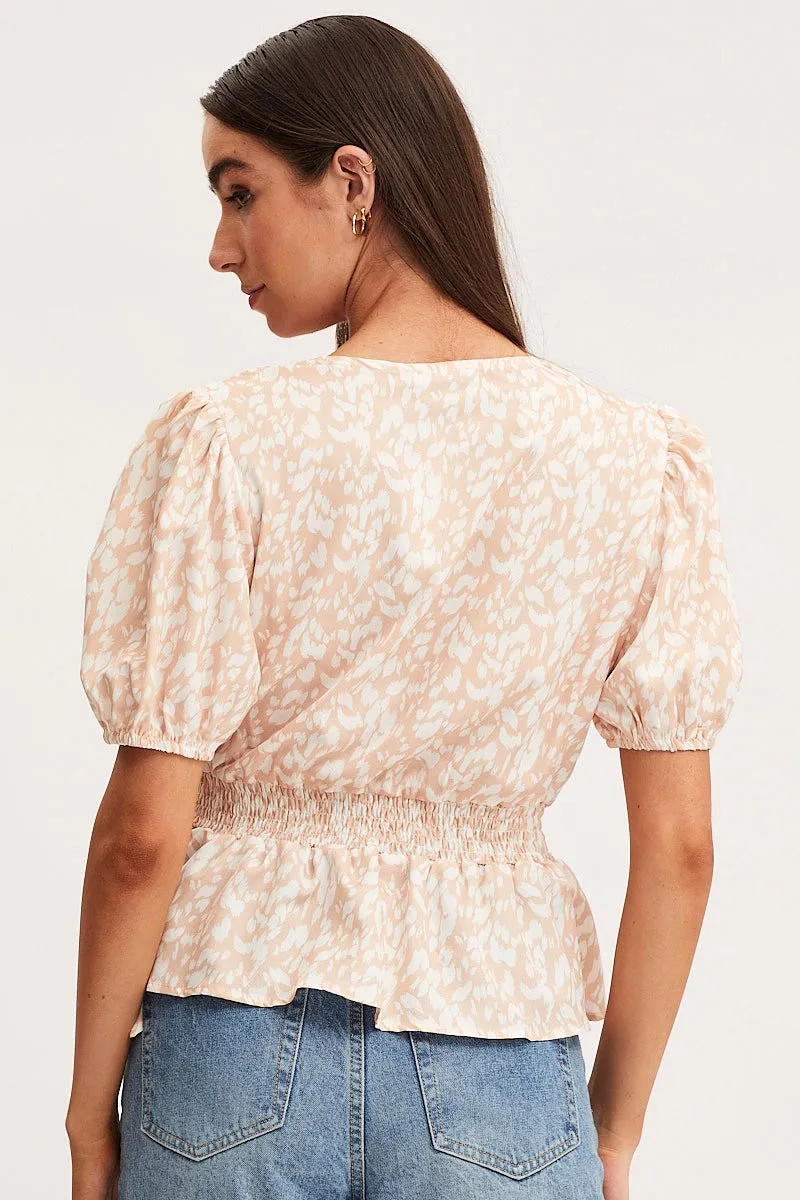 Print Wrap Top Long Sleeve Peplum