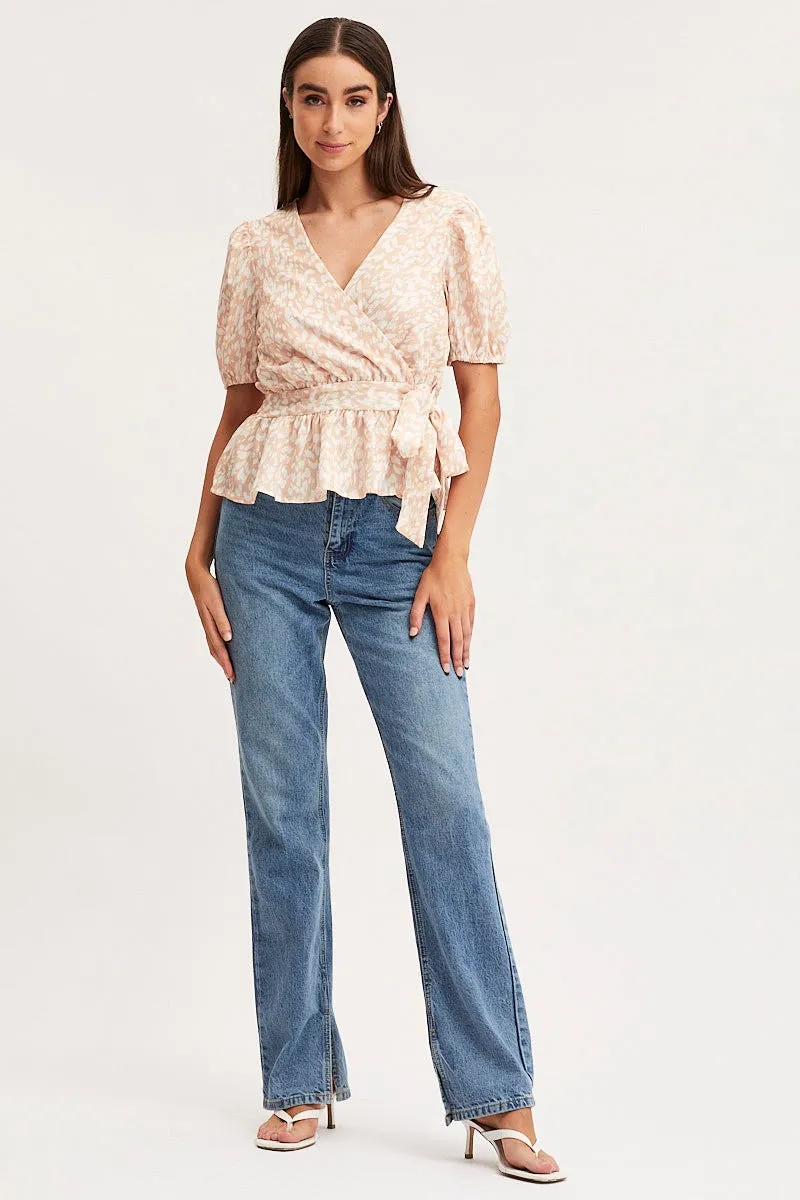 Print Wrap Top Long Sleeve Peplum