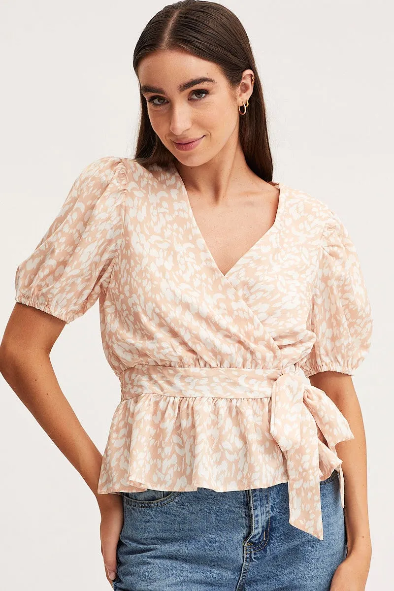 Print Wrap Top Long Sleeve Peplum