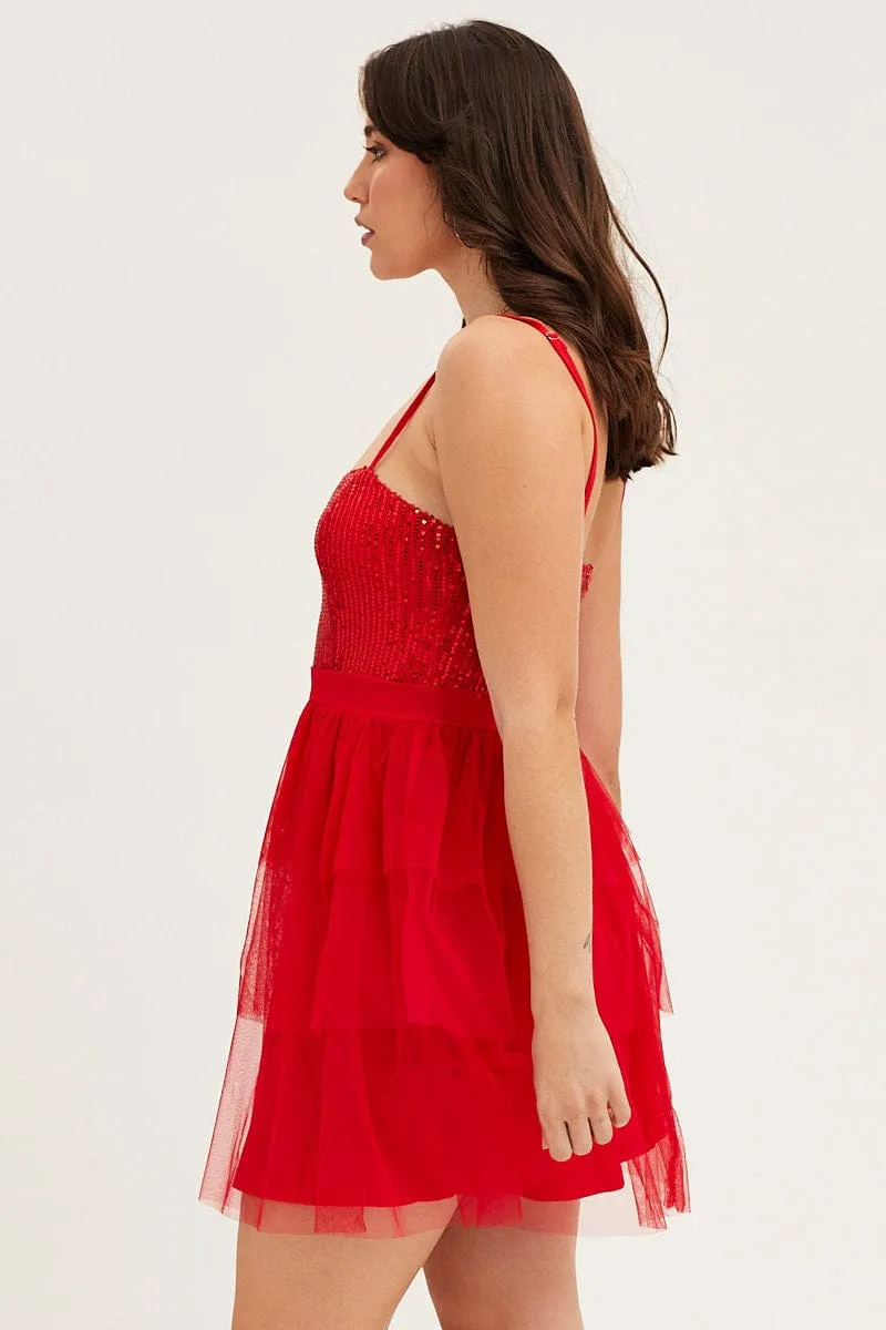 Red Skater Dress Sweet Heart Neck Lace