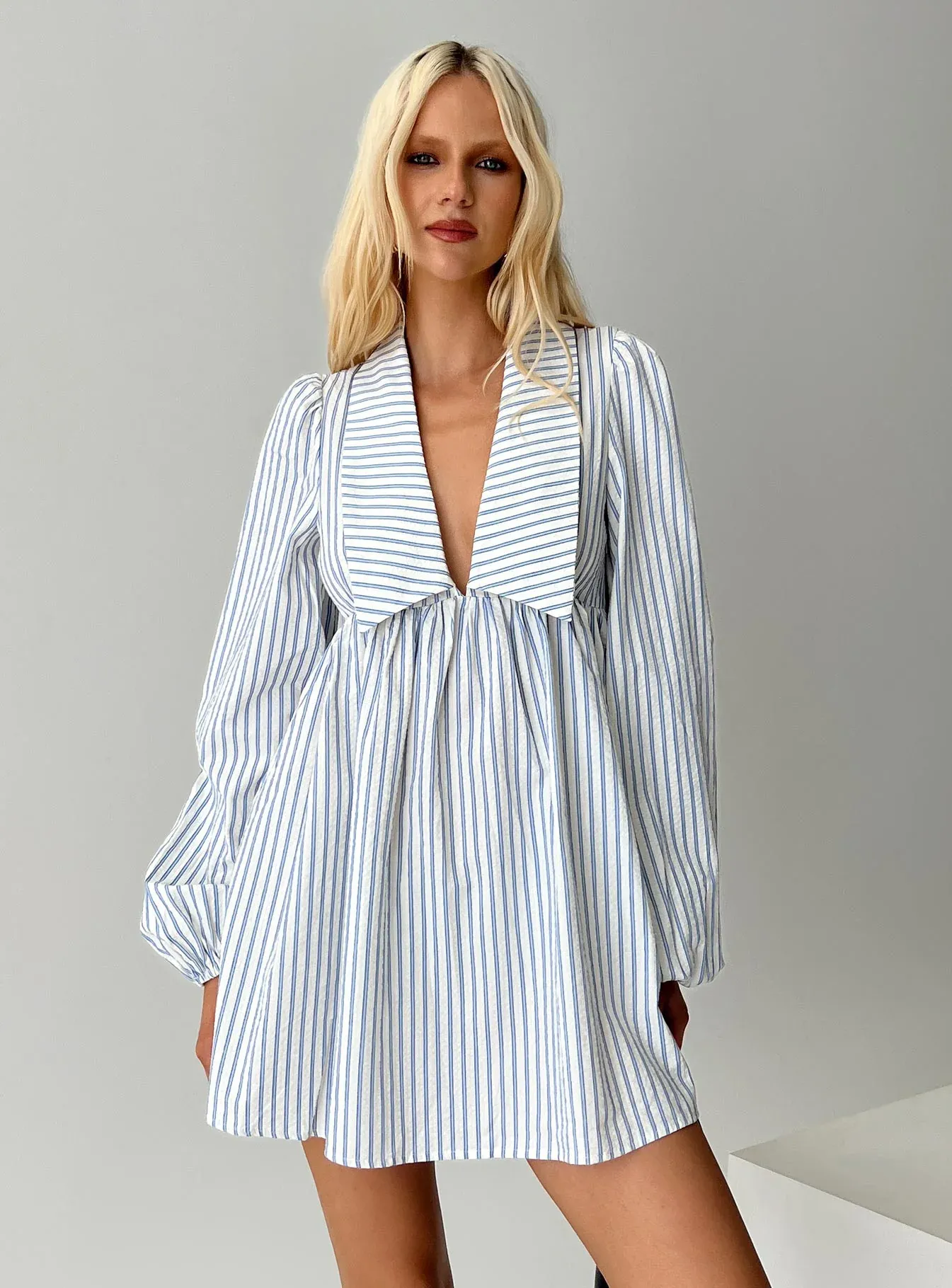 Ronelle Collared Long Sleeve Mini Dress Blue Stripe