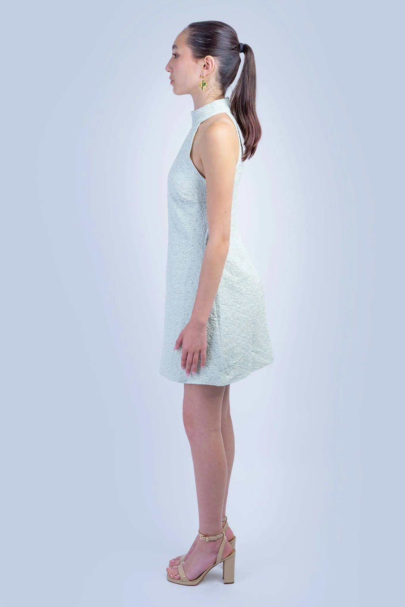 Sage Flower Embossed Halter Dress